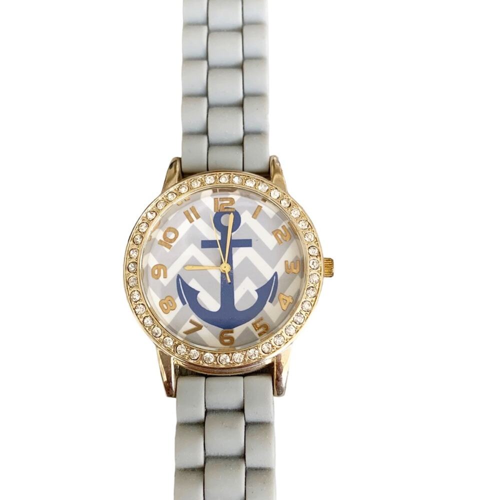 Charming Charlie Grey Navy Anchors Away Rhinestone Bezel Quartz Movement Watch